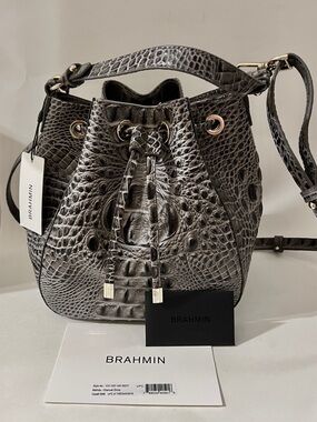 NWT Brahmin Melinda bucket bag Gray Crocodile-Embossed Leather Drawstring